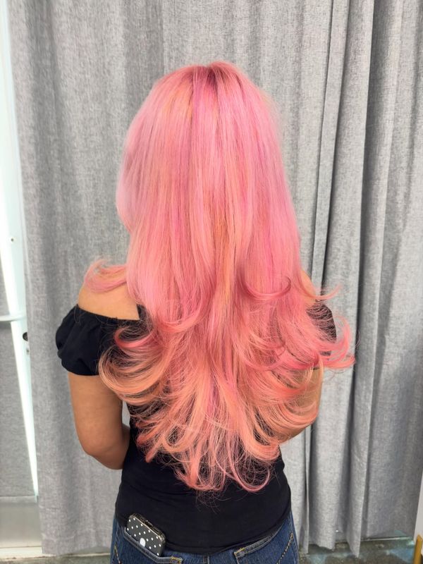 Full head of pastel pink on long layers, seen from behind