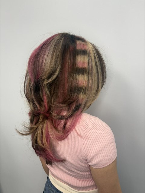 Blonde and pink panels with a hand painted print section