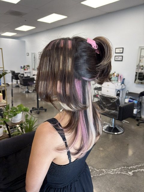 Brunette ponytail lifted to show a pink underlayer