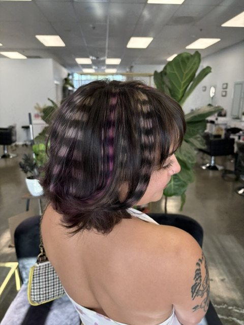 Dark bob with violet striped panels through the back